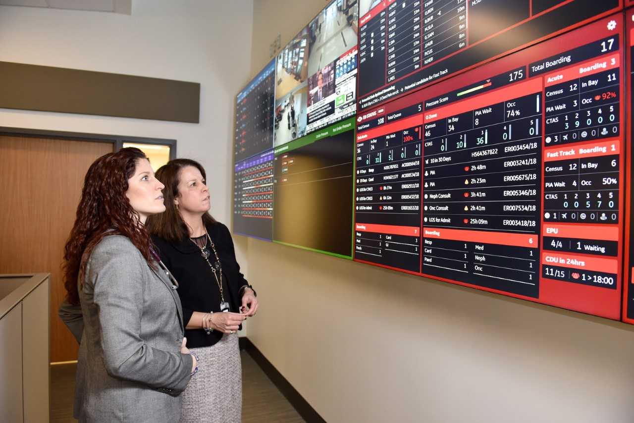 (Left to right) Susan Tory, MD, Command Center Medical Director, and Jane Casey, Command Centre Director, observe live tiles at the HRH command center. Courtesy of GE Healthcare.