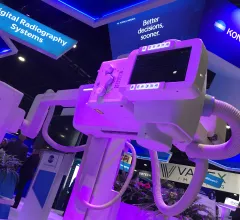 Fixed digital X-ray systems have seen increased market share after a dip in 2020 when hospitals used funding to but more mobile DR systems due to COVID. The Konica-Minolta booth DR system on display at RSNA 2022. Photo by Dave Fornell