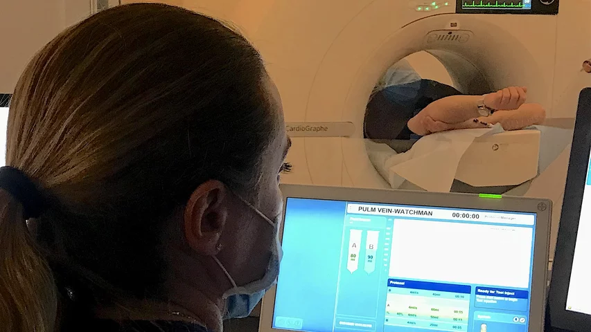Patient being scanned on the Duly Health and Care's outpatient, dedicated cardiac CT scanner in Lisle, Illinois.