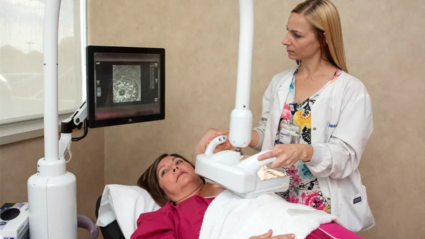 An example of an automated breast ultrasound (ABUS) system in use. This is a GE Healthcare Invenia 2.0 installed at the Beaumont Breast Care Center in Dearborn, Michigan. ABUS offers a comfortable, nonionizing alternative to other supplemental screening options for women with dense breast tissue. ABUS also helps increase the consistancy and diagnostic quality of breast ultrasound by eliminating the variability between different sonographers. Photo courtesy of Beaumont Health. What is ABUS?