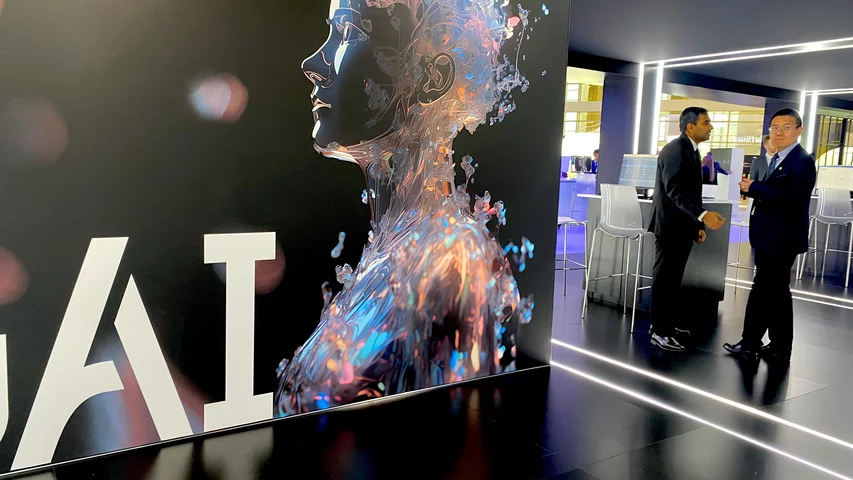 Artificial intelligence sign in the AI section of the United Imaging booth at the Radiological Society of North America (RSNA) 2023 meeting. The Chinese company wants to break into the U.S. market and has had 20 algorithms cleared by the FDA for use on its CT, MR, X-ray and ultrasound systems since 2020 There were 10 approvals just the past year. Photo by Dave Fornell.