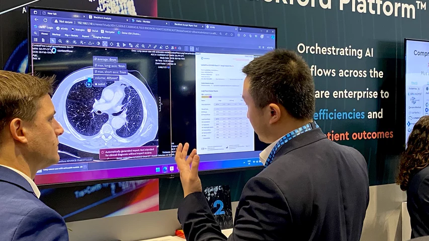 Blackford demo of artificial intelligence lung nodule detection and AI orchestrator at RSNA 2023. Photo by Dave Fornell. #RSNA #RSNA23 #RSNA2023