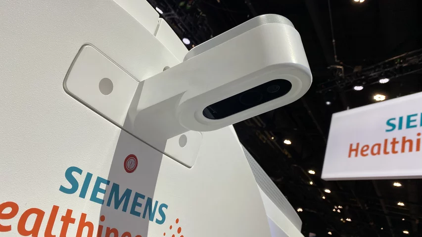 AI iso-centering camera built into the gantry of the Siemens Somatom Pro Pulse CT system. Photo by Dave Fornell. #RSNA #RSNA23 #RSNA2023