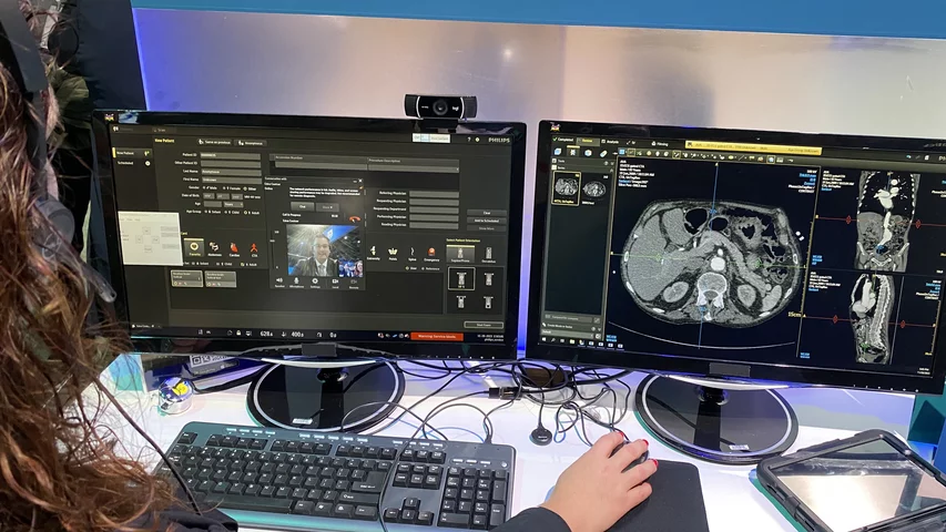 Philips launched the CT collaborative remote access technology for technologists and radiologists to remote into CT system control rooms to help troubleshoot, even if they are not at the same imaging center. Photo by Dave Fornell. #RSNA #RSNA23 #RSNA2023