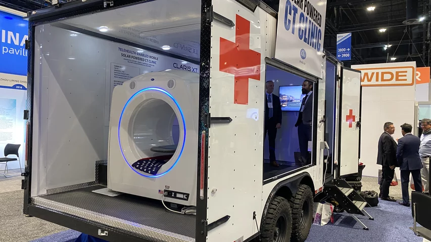 Disaster trailer mounted with a solar powered iCRco mobile Claris XT CT system and workstation. Photo by Dave Fornell. #RSNA #RSNA23 #RSNA2023