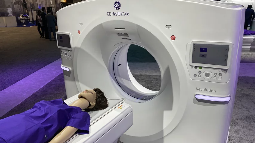The GE Revolution CT scanner. Photo by Dave Fornell #RSNA #RSNA23 #RSNA2023