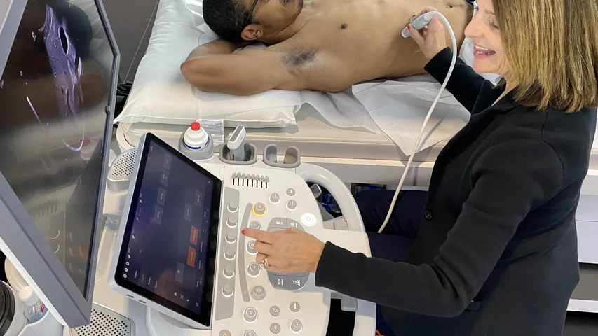 Liver ultrasound exam with patient live imaging Siemens Sequoia. Photo by Dave Fornell. #RSNA #RSNA23 #RSNA2023