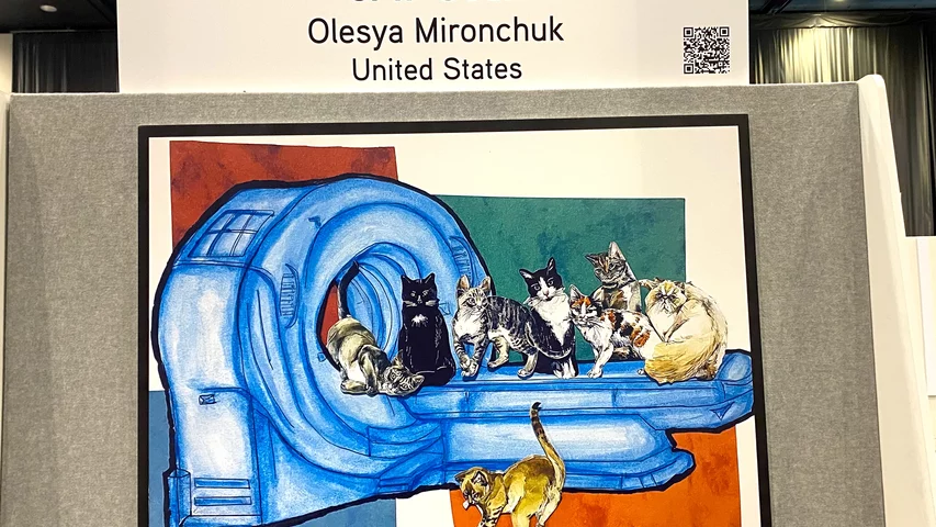 Cats on a CAT scanner painting by medical student Olesya Mironchuk, one of many pieces of art from clinicians on display in the RSNA poster hall.