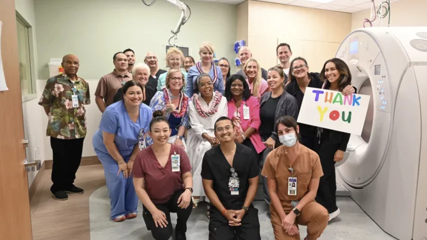 Maui Health imaging team with Oprah Winfrey with the new CT scanner at Hawaii Maui Memorial Medical Center.