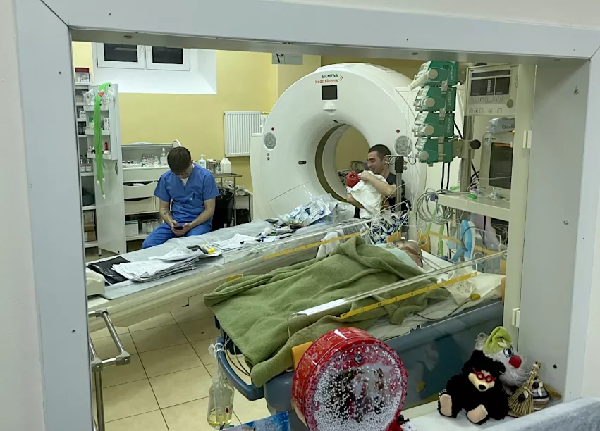 A Siemens CT scanner room being used as an improvised intensive care unit (ICU) in the basement of the Scientific Practical Children's Cardiac Center in Kyiv, Ukraine. All patients, staff and clinical operations were moved into the basement of the hospital because of intensified Russian attacks on the city in early March.