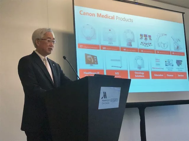 Toshio Takiguchi, president and CEO of Canon Medical, explains the history of the company during a press conferences at RSNA and the goals for its expanded efforts in the U.S. #RSNA22