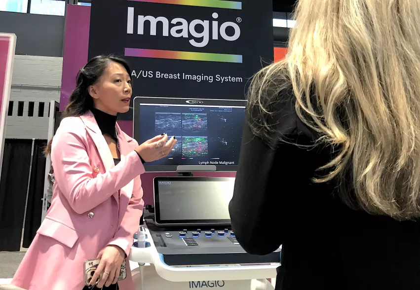 Seno Medical showed the new breast imaging modality of opto-acoustic ultrasound (OA/US). It uses six separate images to show the functional and anatomic features of breast tissue and immediately displays features that differentiate tumor neo-angiogenesis. This may prevent the need for additional testing or biopsy. The system just received U.S. FDA PMA clearance.