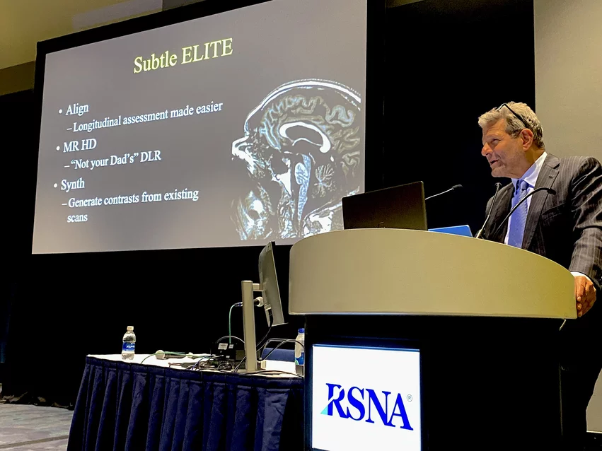 Neuroradiologist and AI expert Lawrence Tanenbaum, MD, explains the use of Subtle's AI to enhance neuro MR imaging and to speed workflows in a session at RSNA 2024. AI is rapidly making MRI easier to use with improved image quality and much faster scan times. Photo by Dave Fornell 