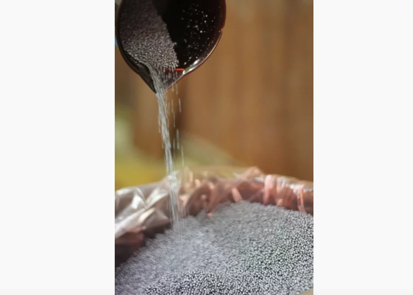 Raw iodine prills produced by the Chilean company SQM, which GE Healthcare uses to produce iodine contrast. SQM is one of several sources of iodine GE uses, and was among the companies contracted with since the 2022 shortage to help increase production. Photo courtesy of GE Healthcare