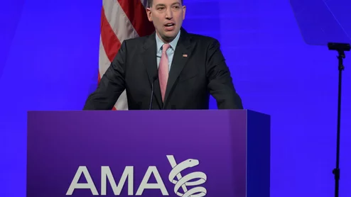 Drawing inspiration from the World War II “Why We Fight” campaign that rallied support for the U.S. war effort, American Medical Association (AMA) President Jesse M. Ehrenfeld, MD, MPH, drew comparisons with the uphill battles physicians are facing today with dwindling reimbursements, physicians shortages, burnout and administrative fights against prior authorization burdens and attempts to preserve access to telehealth. #AMA #AMAHOD24 #AMAHOD2024 #HOD #HOD24 #HOD2024