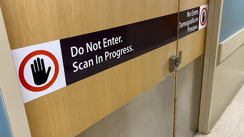CT scan room door, radiology radiation protection, at Wellstar Health Kennestone Hospital. Photo by Dave Fornell.