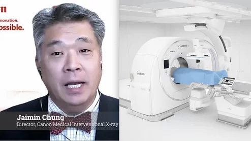 Jaimin Chung, director of Canon Medical’s interventional X-ray and vascular business unit, explains a new combined CT-angiography interventional system aimed at neurology, trauma, stroke and pediatrics that recently received 510(k) FDA approval. The Alphenix 4D CT Insight Edition includes numerous radiation dose lowering technologies.