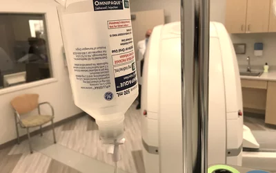Iodine contrast in the CT suite at the Duly outpatient cardiac clinic.