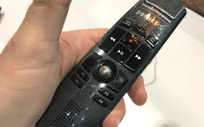 Radiologist microphone used for dictating findings and interfaced with and AI voice recognition system from M-Modal.