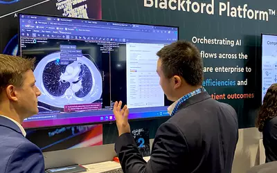 Blackford demo of artificial intelligence lung nodule detection and AI orchestrator at RSNA 2023. Photo by Dave Fornell. #RSNA #RSNA23 #RSNA2023