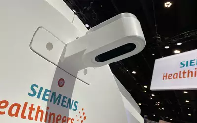 AI iso-centering camera built into the gantry of the Siemens Somatom Pro Pulse CT system. Photo by Dave Fornell. #RSNA #RSNA23 #RSNA2023