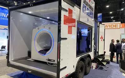 Disaster trailer mounted with a solar powered iCRco mobile Claris XT CT system and workstation. Photo by Dave Fornell. #RSNA #RSNA23 #RSNA2023