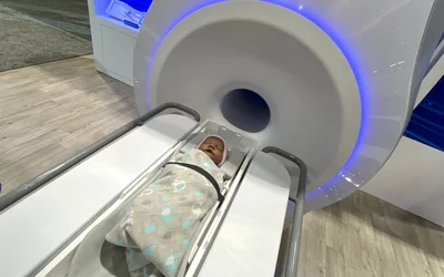 Neonate MRI system shown by Eyas Medical Imaging at RSNA 2023. Photo by Dave Fornell. #RSNA #RSNA23 #RSNA2023