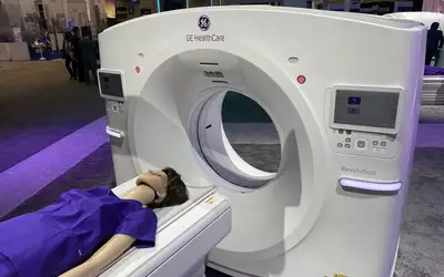 The GE Revolution CT scanner. Photo by Dave Fornell #RSNA #RSNA23 #RSNA2023