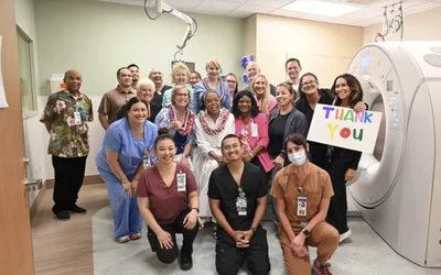 Maui Health imaging team with Oprah Winfrey with the new CT scanner at Hawaii Maui Memorial Medical Center.