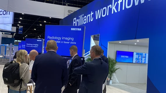 Sectra's packed booth at RSNA 2023. Sectra again won the Best in KLAS 2024 awards as the best vendor to work with for for both large and small sized radiology PACS.